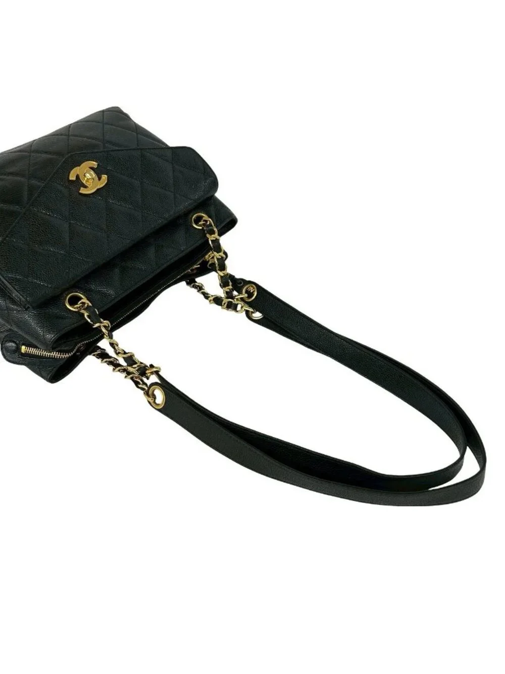 Chanel Vintage Quilted CC Logo Caviar Leather Shoulder Bag Tote Black